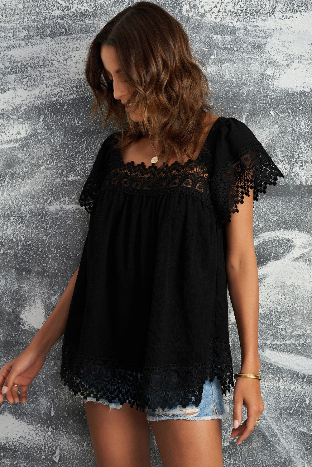 Spliced Lace Tie-Back Babydoll Top