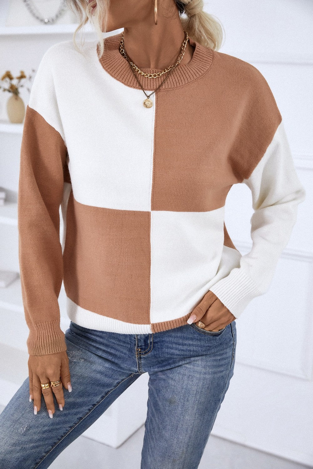 Color Block Ribbed Trim Dropped Shoulder Knit Pullover