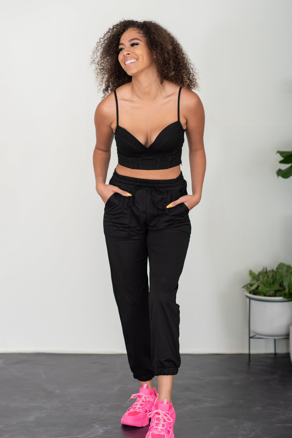 SHOPIRISBASIC Let's Do This Bustier and Joggers Lounge Set in Black