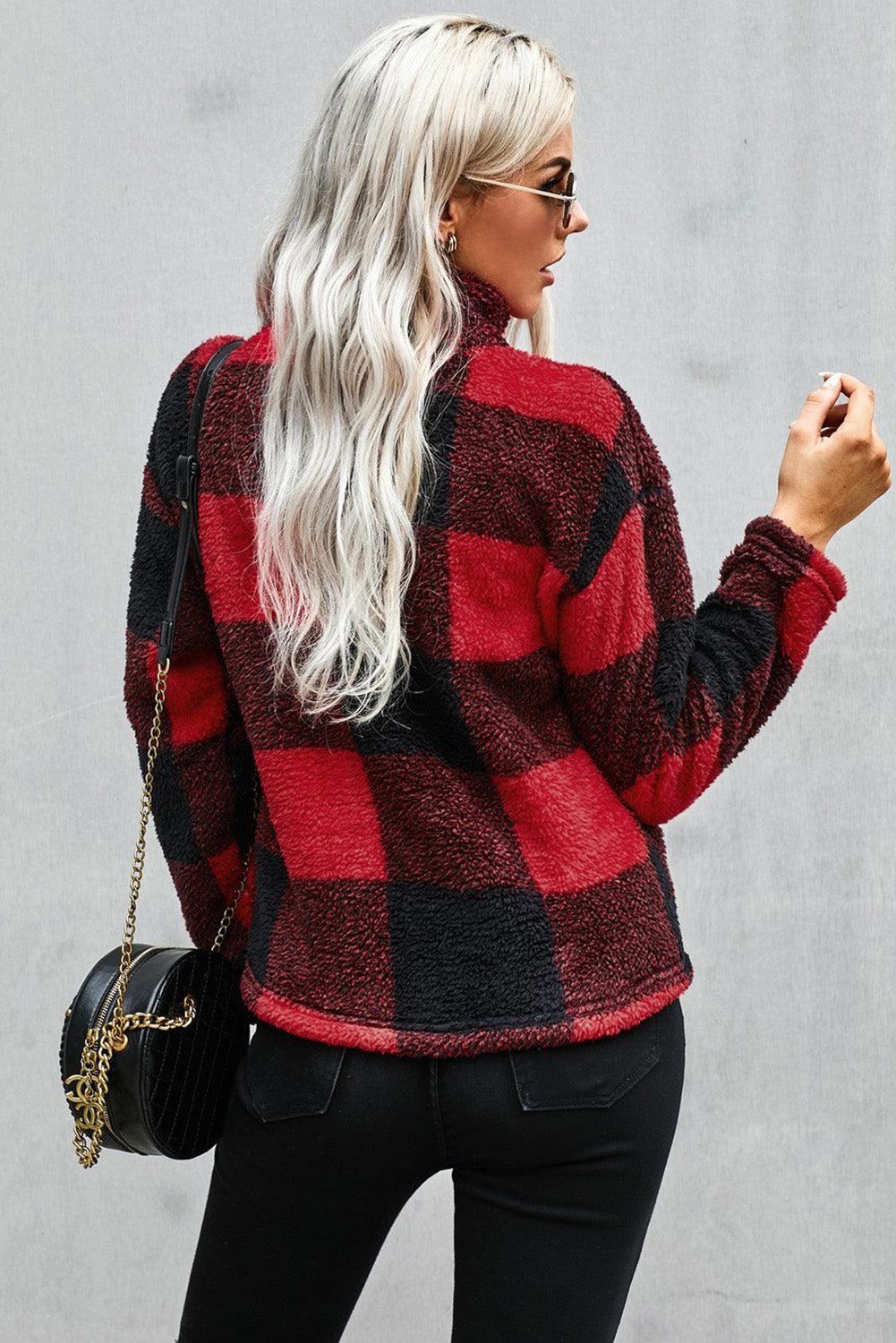 Plaid Zip Collar Plush Pullover Sweatshirt