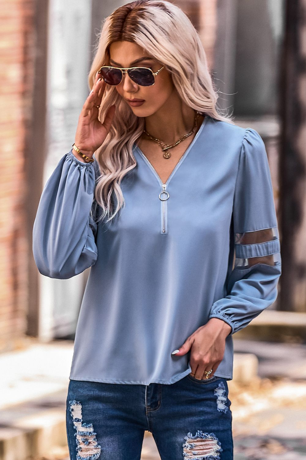 Zip Up V-Neck Puff Sleeve Top