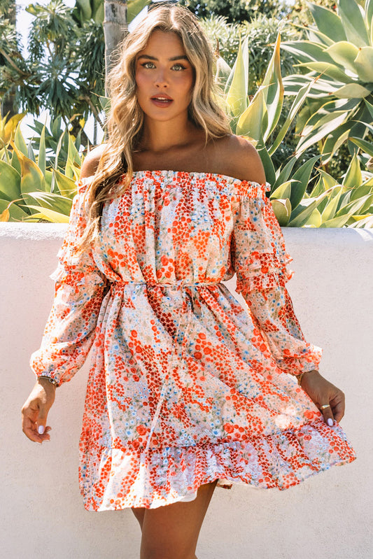 Floral Off-Shoulder Tie Waist Ruffle Hem Dress