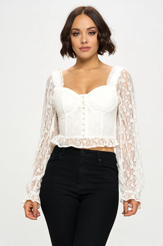 Chocolate USA Lace Corset Flounce Sleeve Cropped Top