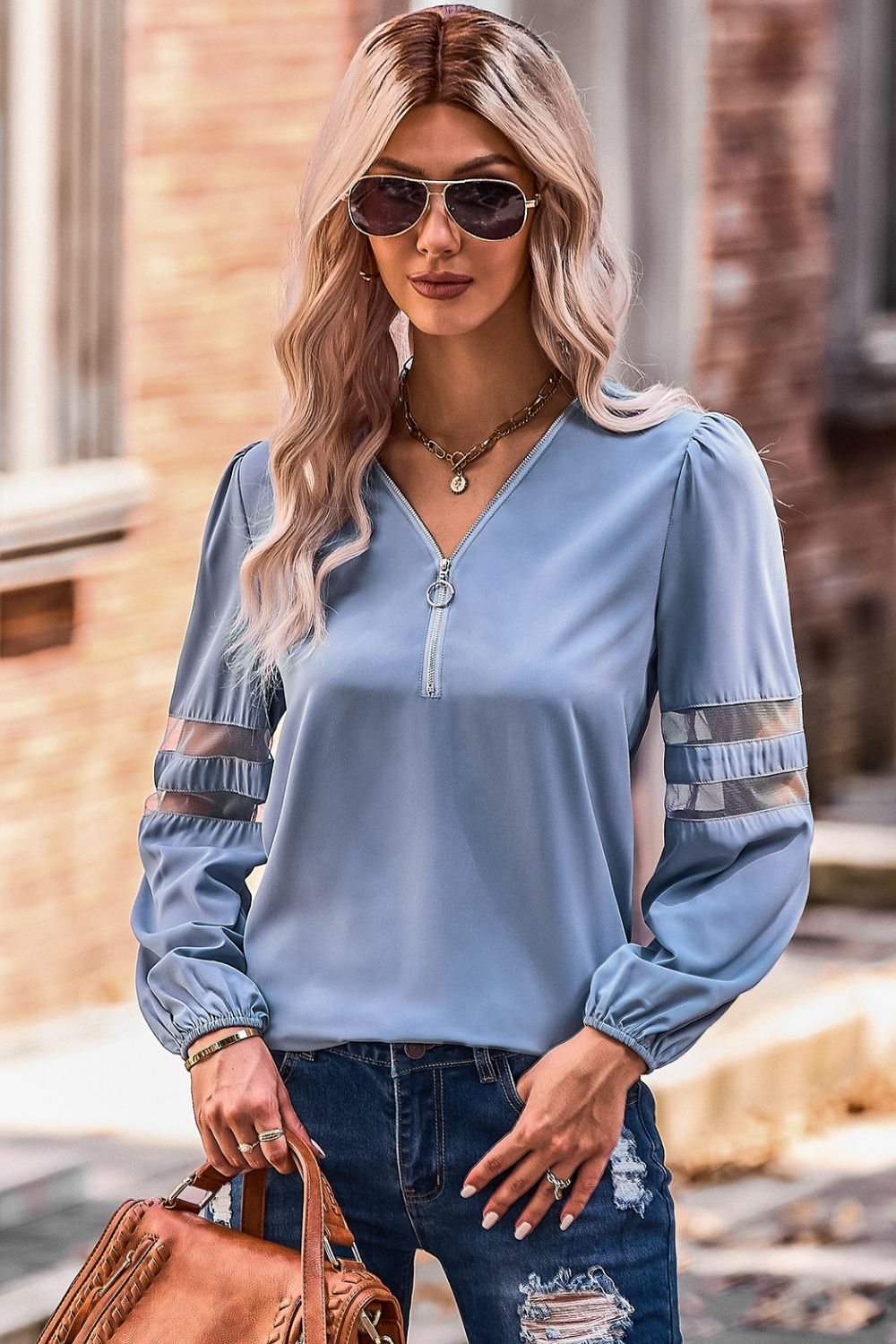 Zip Up V-Neck Puff Sleeve Top