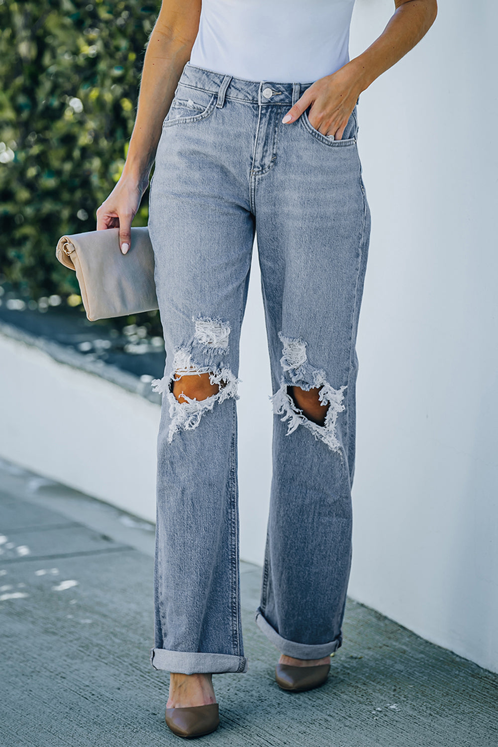 Distressed Straight Leg High Waist Jeans