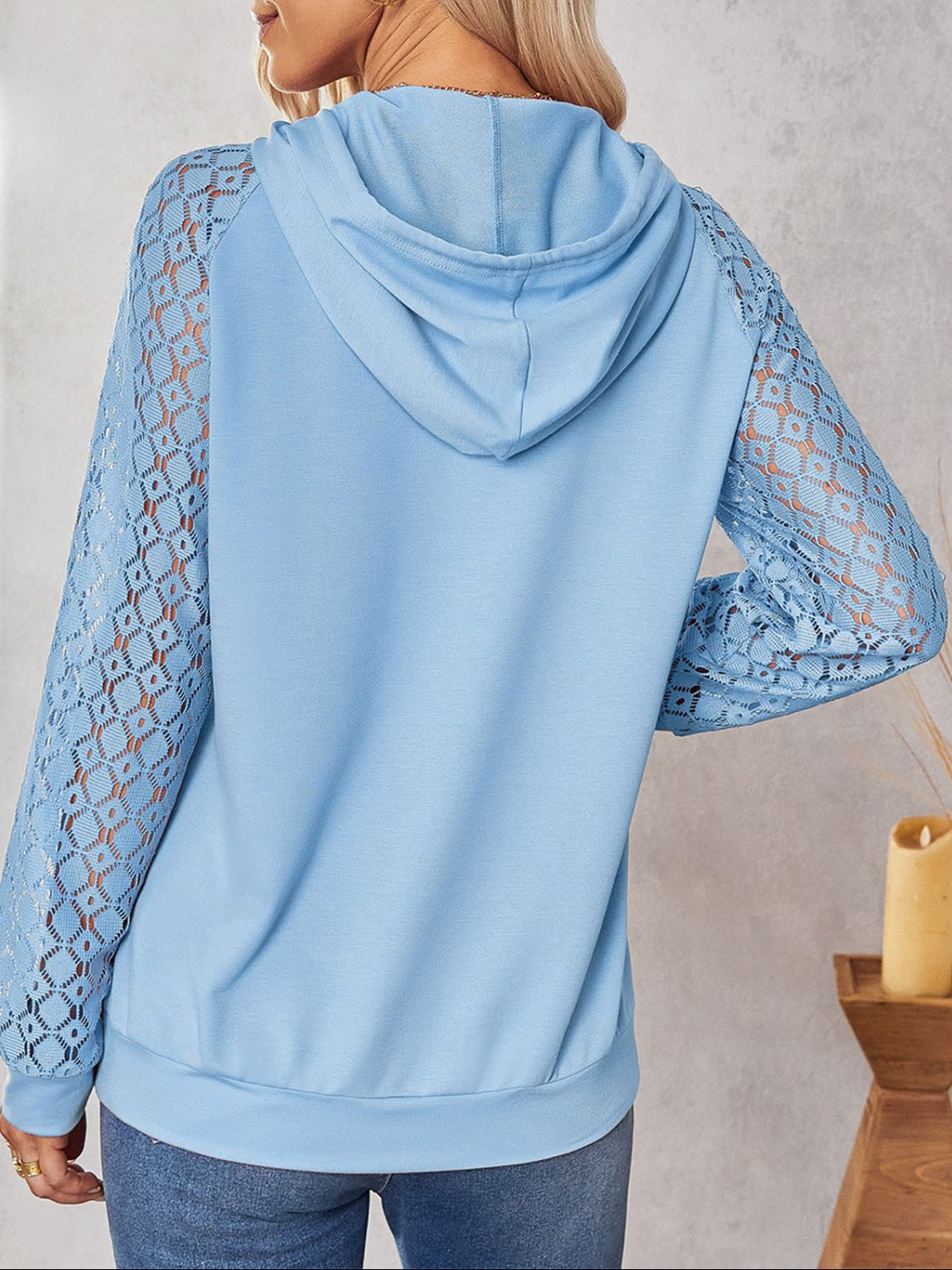 Lace Raglan Sleeve Drawstring Detail Hoodie