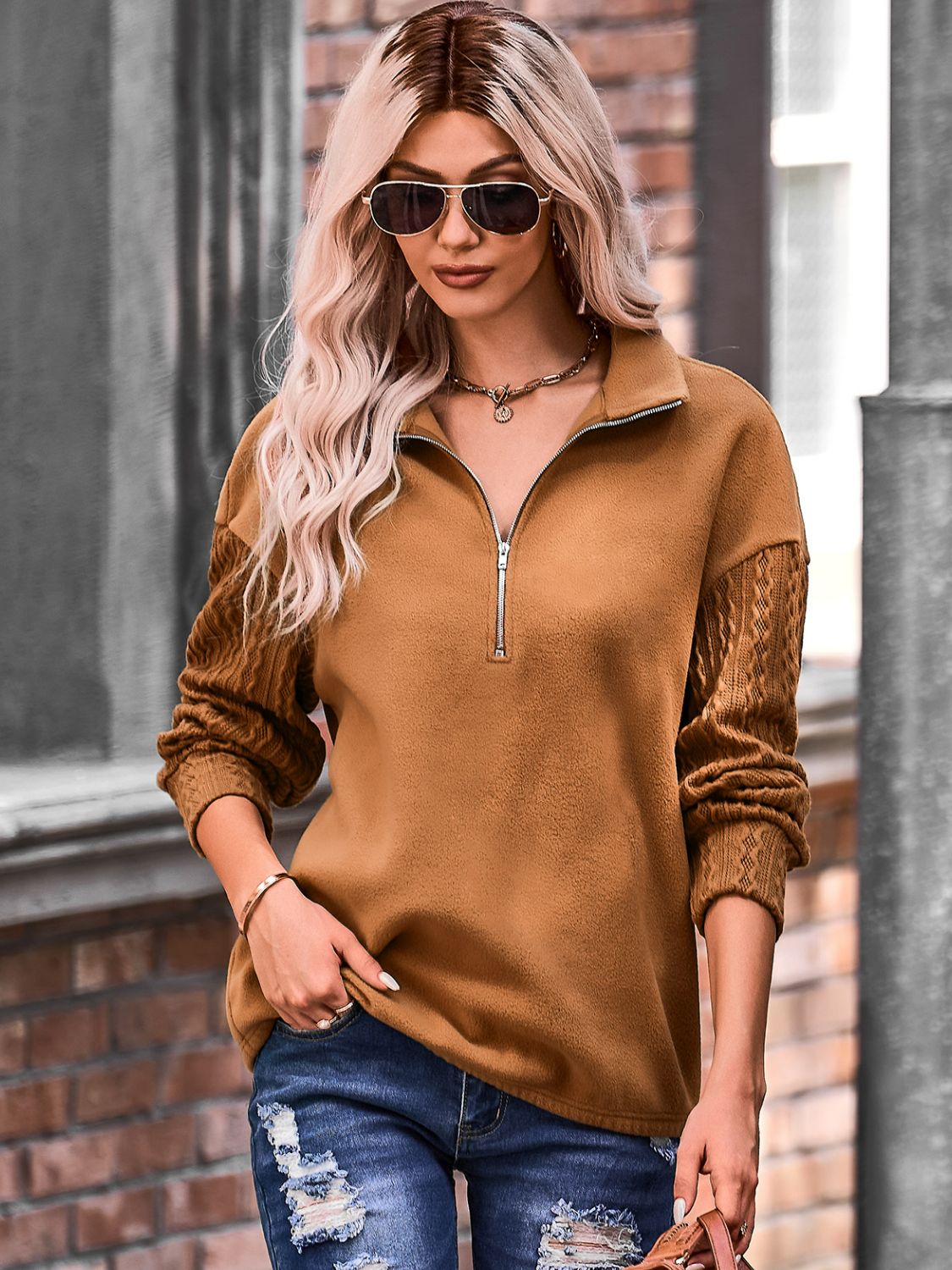 Quarter Zip Dropped Shoulder Spliced Sweatshirt