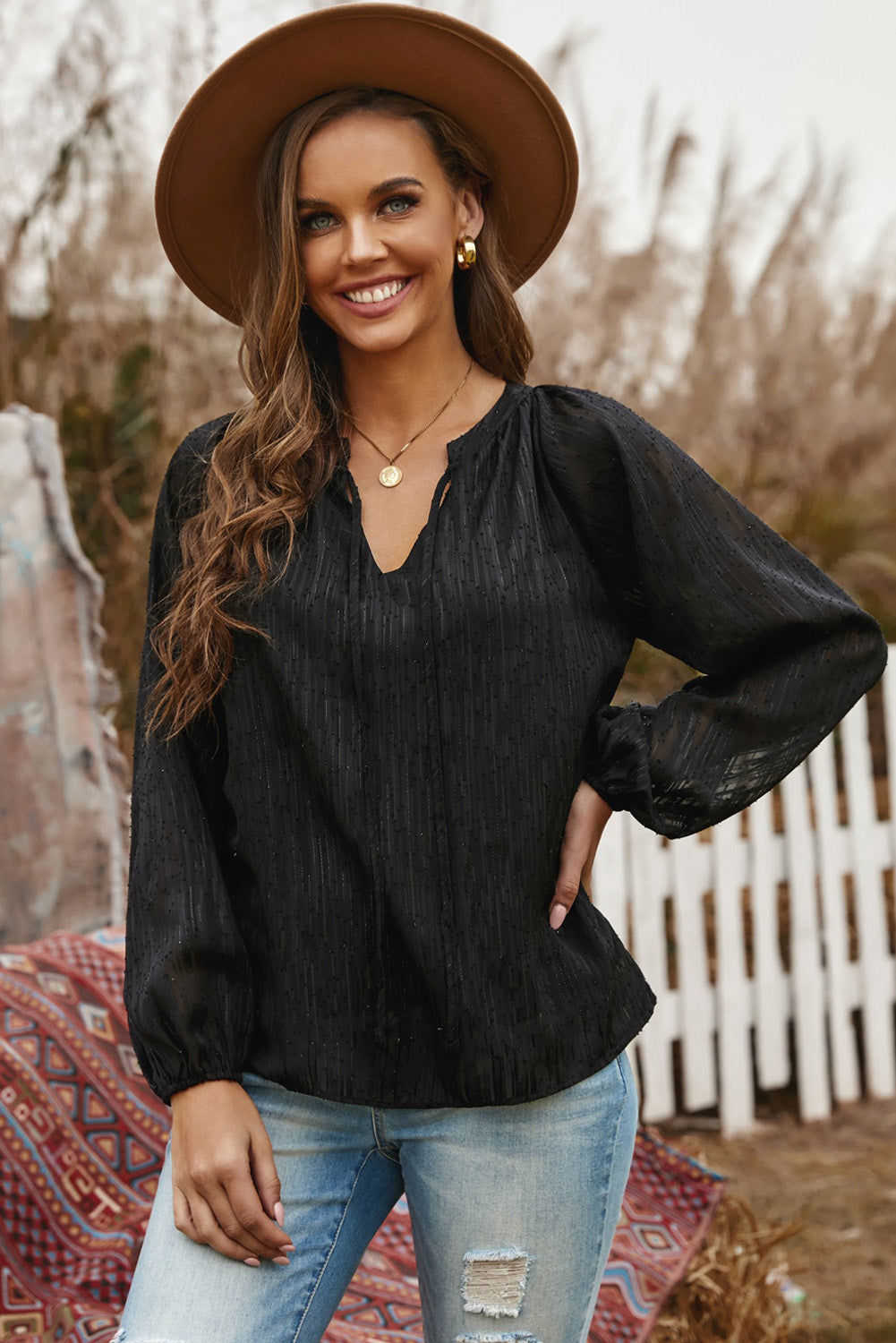 Lantern Sleeve Textured Top