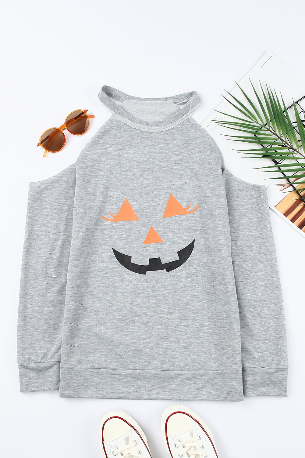 Halloween Graphic Cold-Shoulder Distressed Sweatshirt