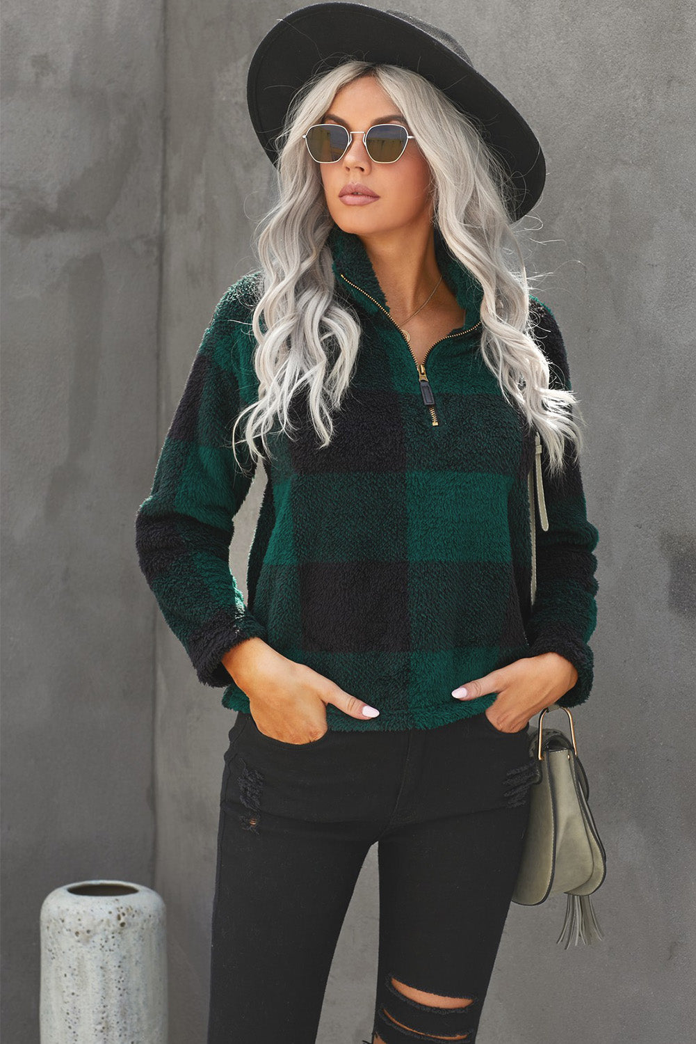 Plaid Zip Collar Plush Pullover Sweatshirt