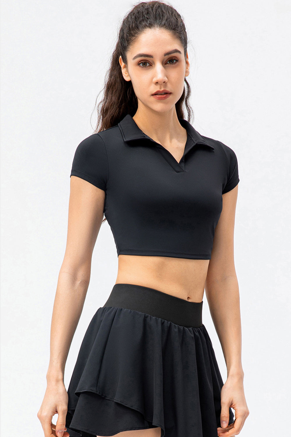 Cropped Short Sleeve Collared Yoga Top