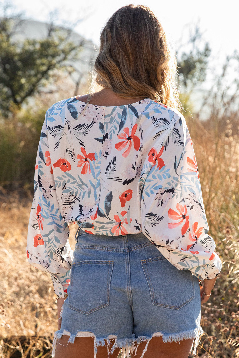 Floral Drawstring Hem Cropped Blouse