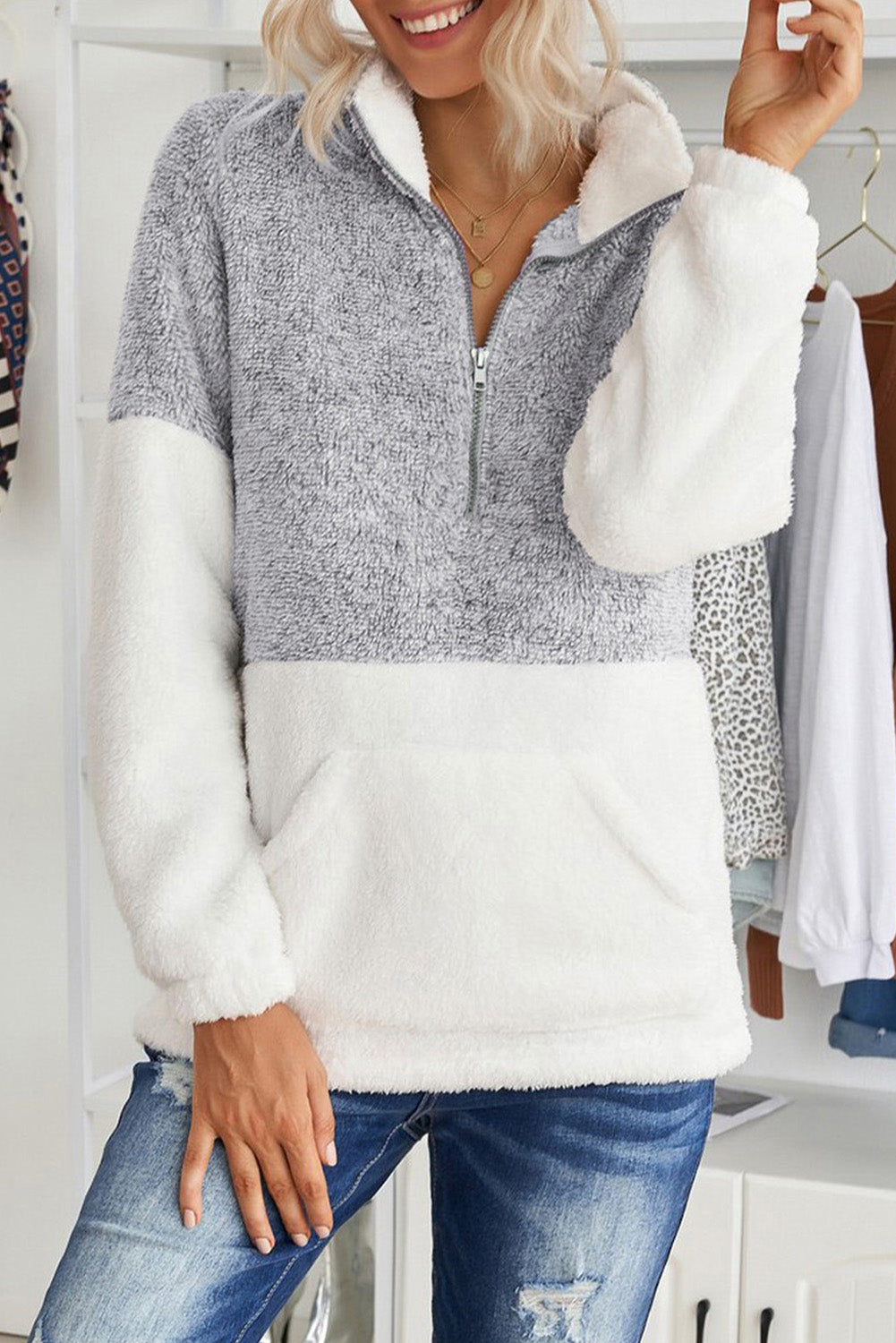 Color Block Half-Zip Teddy Sweatshirt