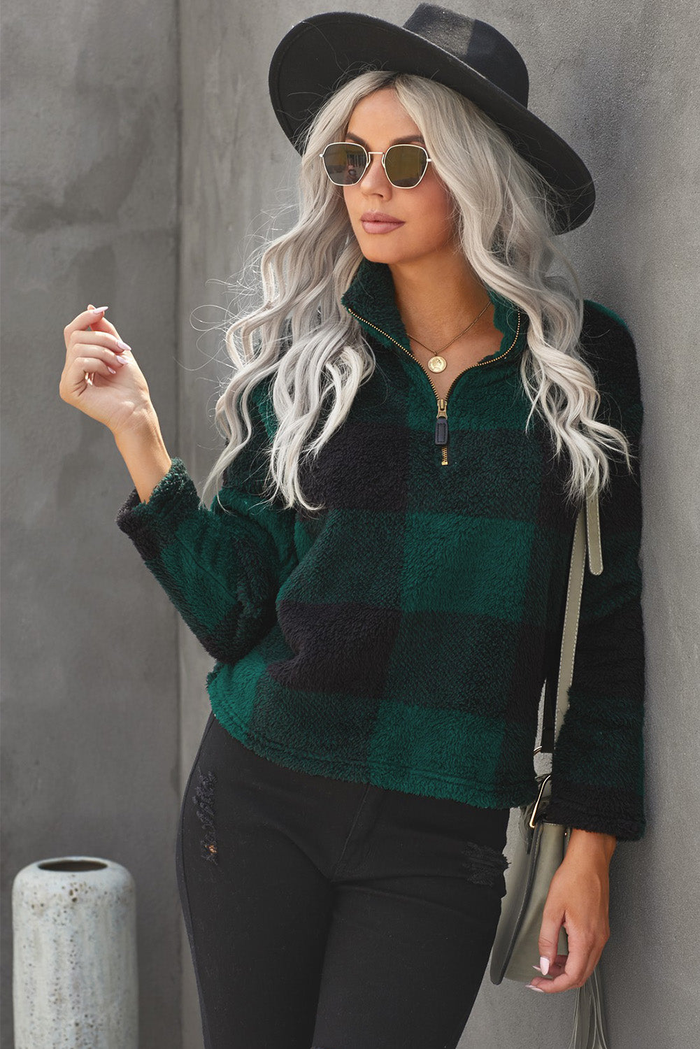 Plaid Zip Collar Plush Pullover Sweatshirt