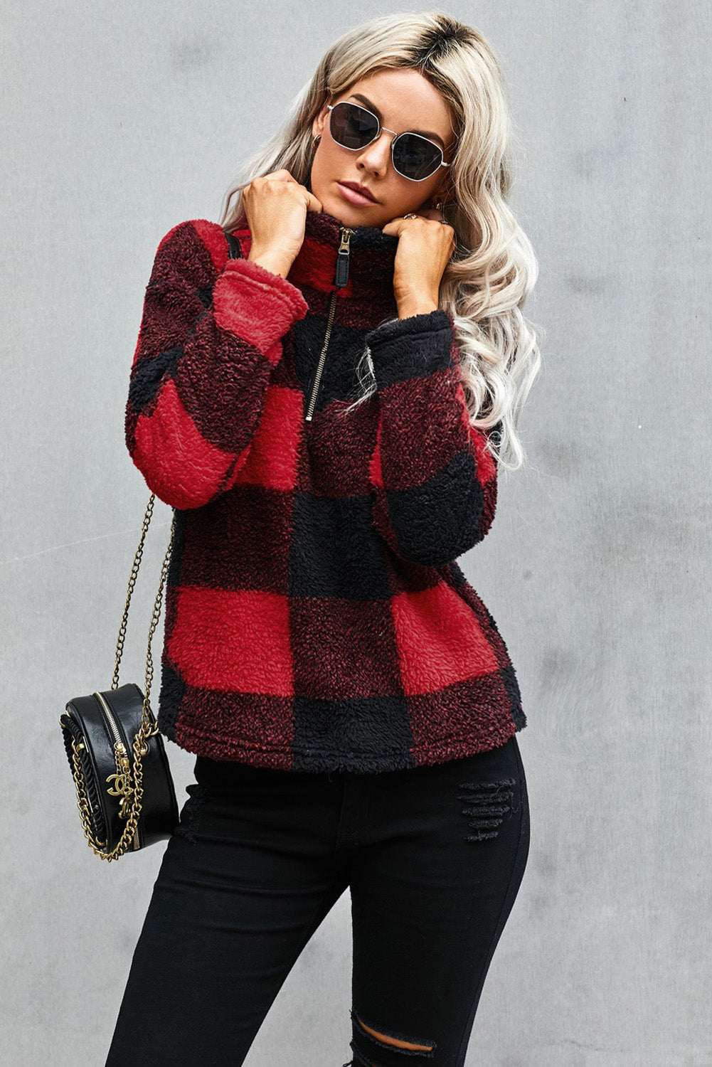 Plaid Zip Collar Plush Pullover Sweatshirt