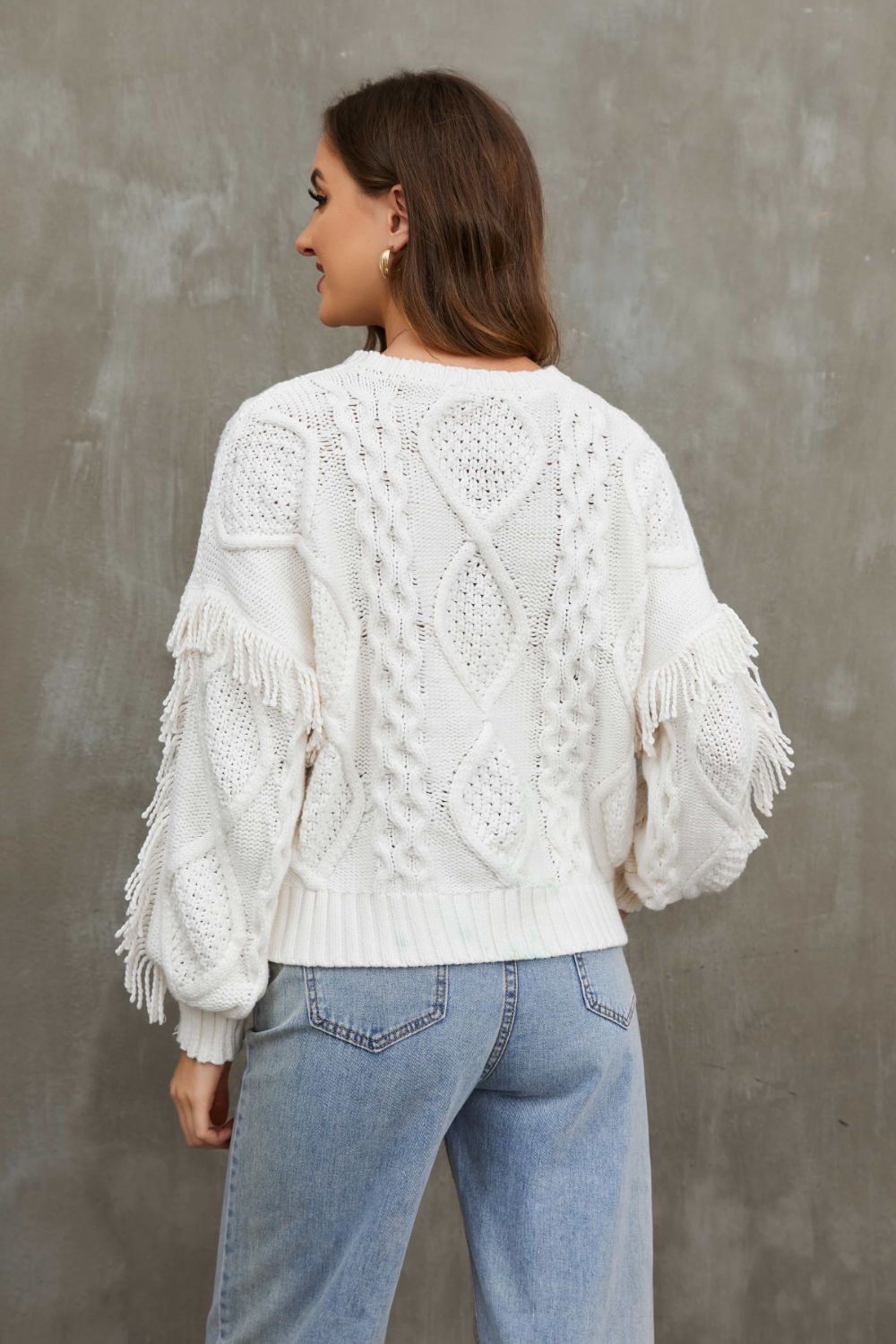 Fringe Trim Mixed Knit Balloon Sleeve Sweater