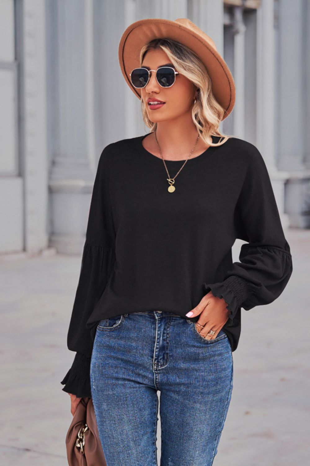 Long Flounce Sleeve Round Neck Top