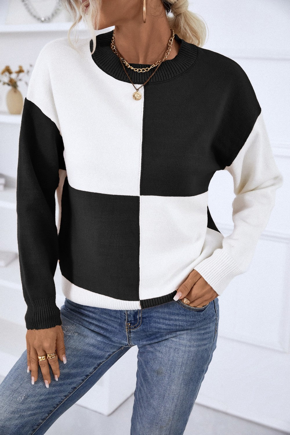 Color Block Ribbed Trim Dropped Shoulder Knit Pullover