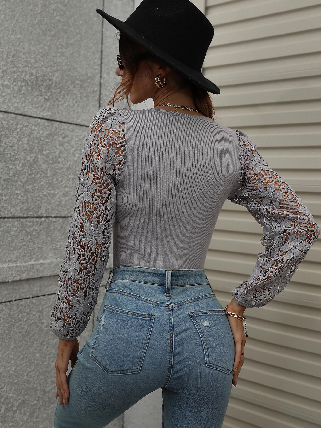 Lace Sleeve Round Neck Ribbed Top