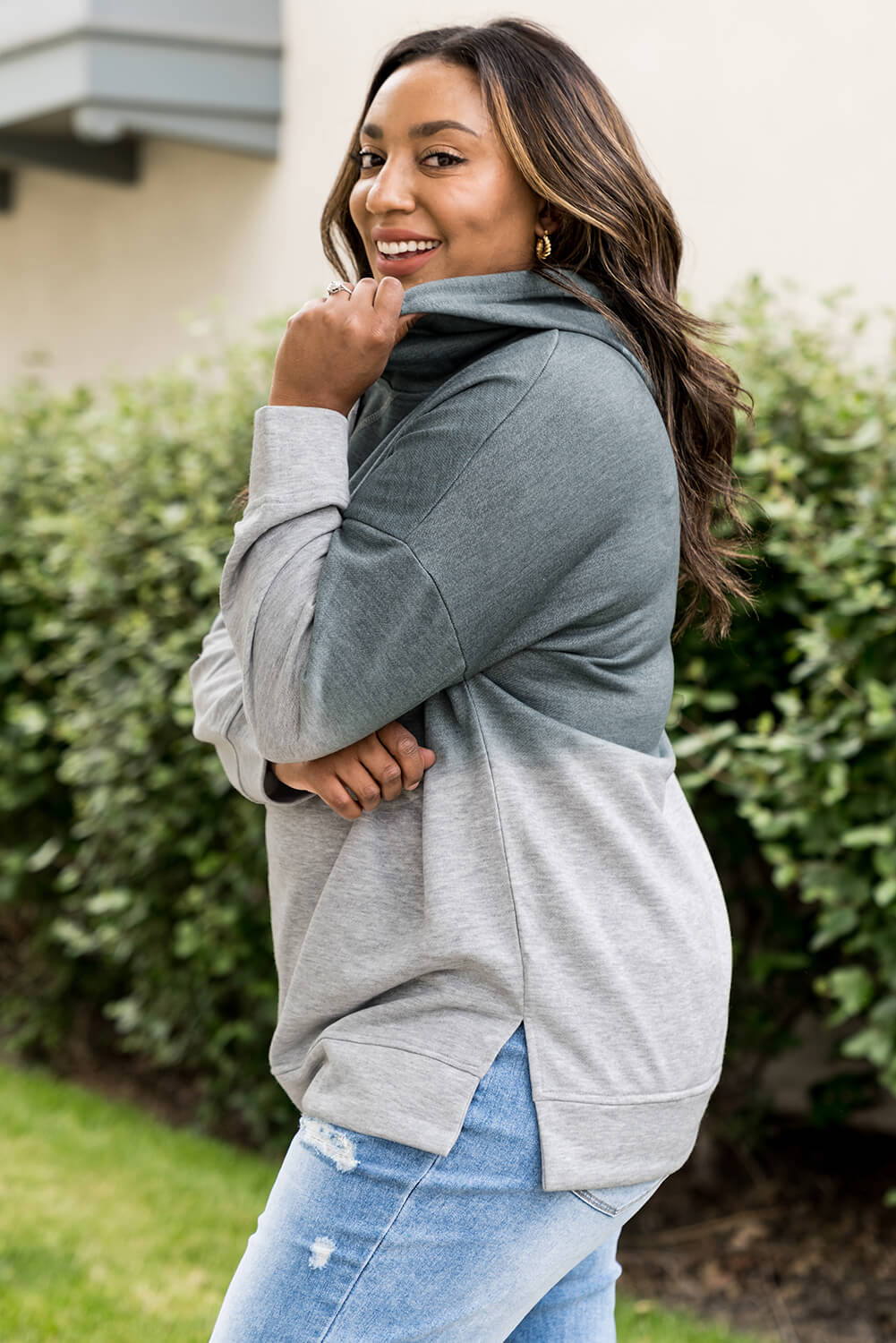 Plus Size Gradient Side Slit Drawstring Hoodie