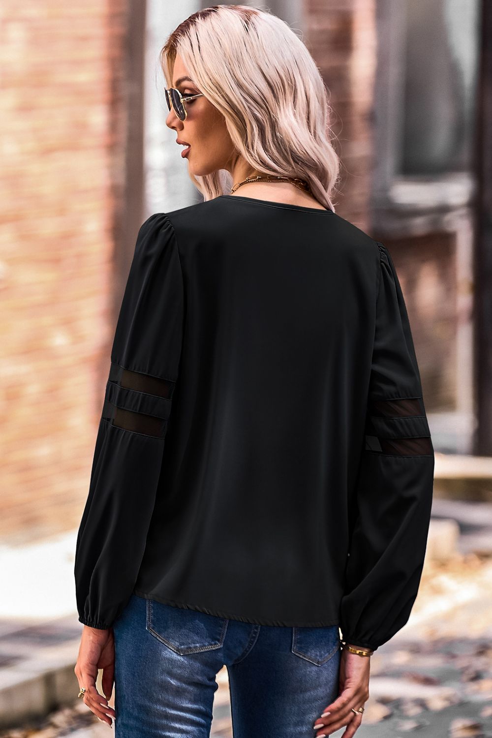 Zip Up V-Neck Puff Sleeve Top