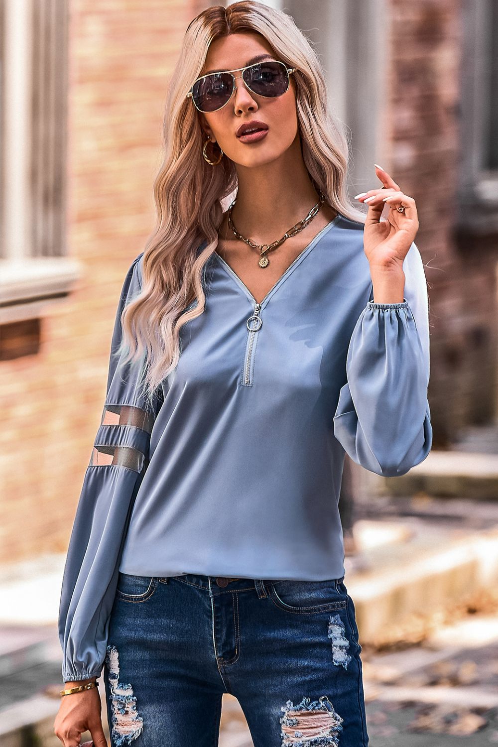 Zip Up V-Neck Puff Sleeve Top