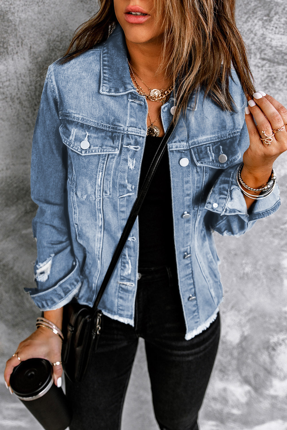 Distressed Raw Hem Denim Jacket