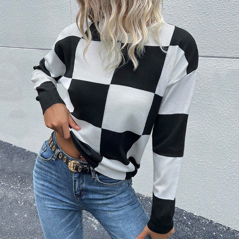 Checkered Dropped Shoulder Knit Pullover