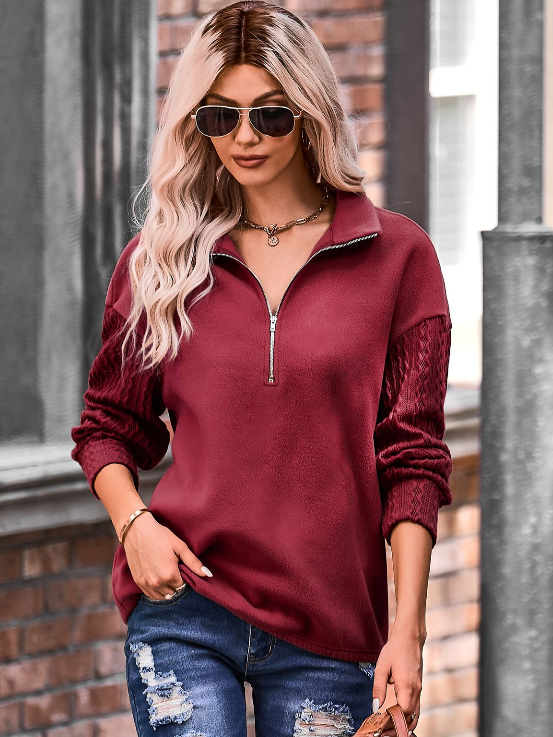 Quarter Zip Dropped Shoulder Spliced Sweatshirt