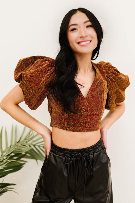 PRIVY Glitter Puff Sleeve Cropped Top