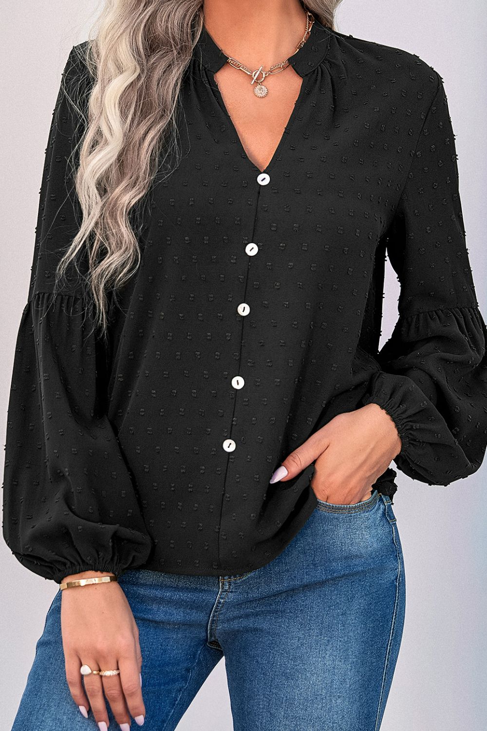 Swiss Dot Notched Balloon Sleeve Shirt