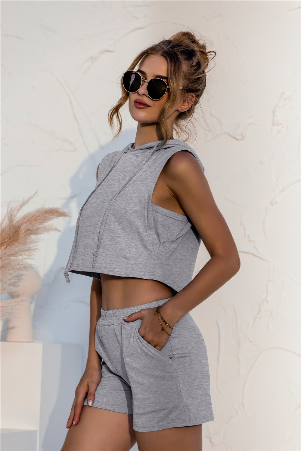 Hooded Crop Top & Pocketed Shorts Set