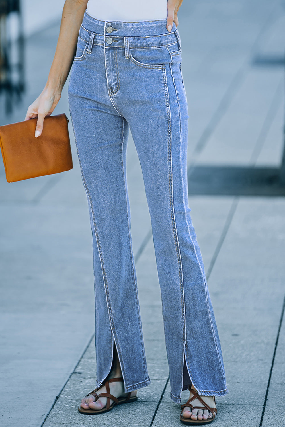 High Waist Seam Detail Slit Flare Jeans