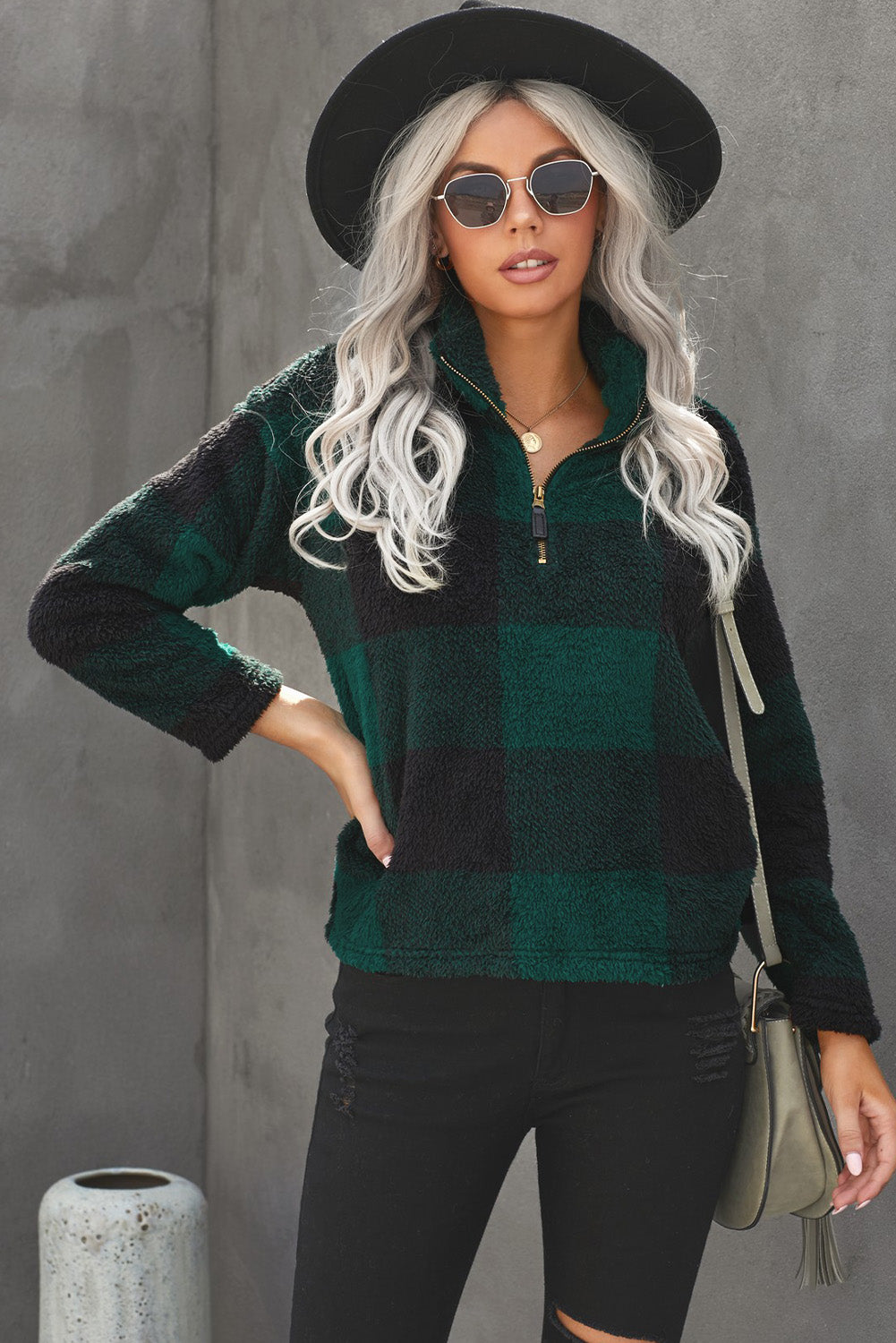 Plaid Zip Collar Plush Pullover Sweatshirt