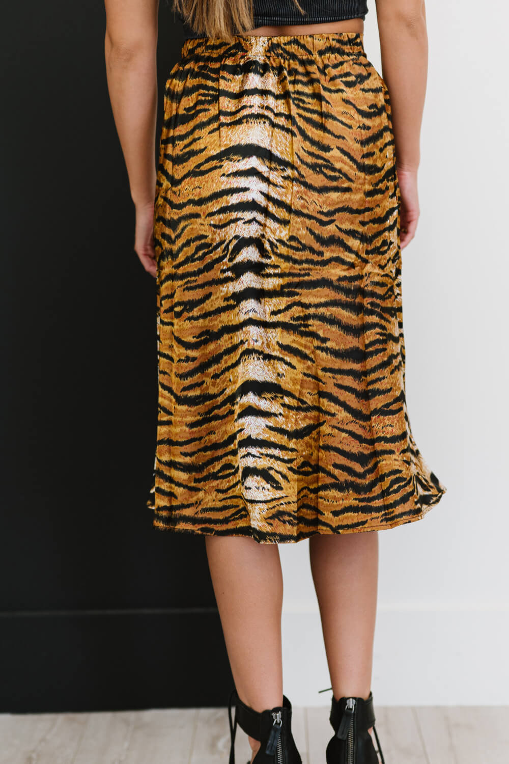 SHOPIRISBASIC Eye of the Tiger Satin Midi Skirt