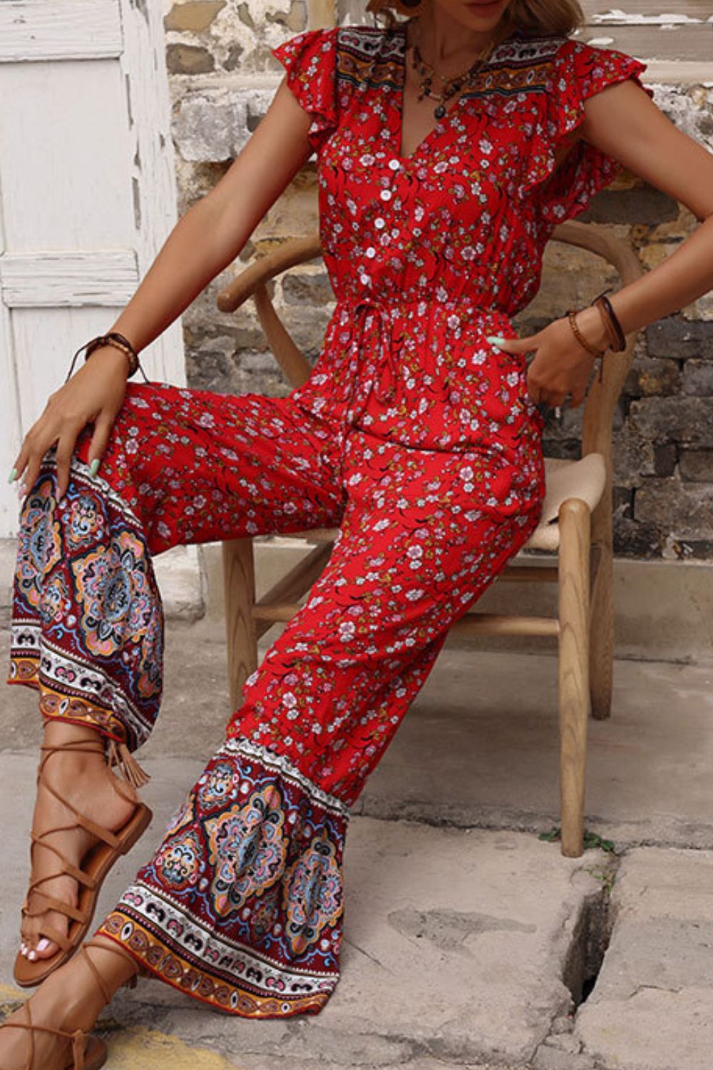 Bohemian Flutter Sleeve Tied Jumpsuit