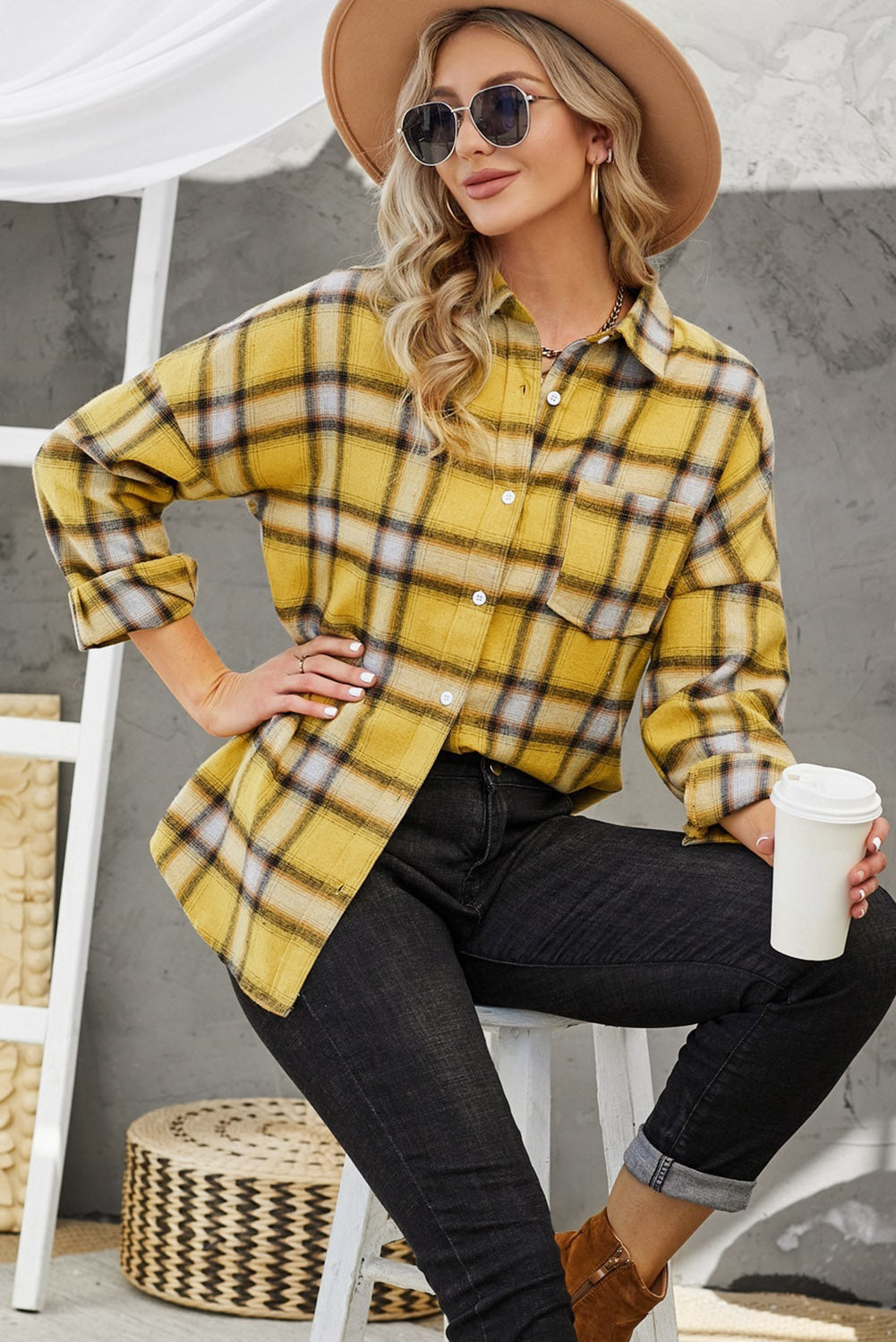 Plaid Dropped Shoulder Pocketed Shirt