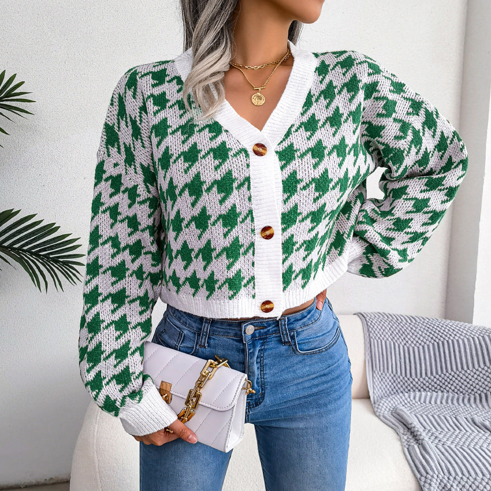 Houndstooth V-Neck Dropped Shoulder Cropped Cardigan