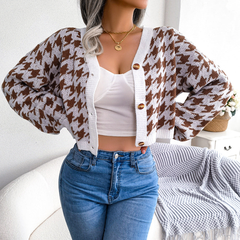 Houndstooth V-Neck Dropped Shoulder Cropped Cardigan