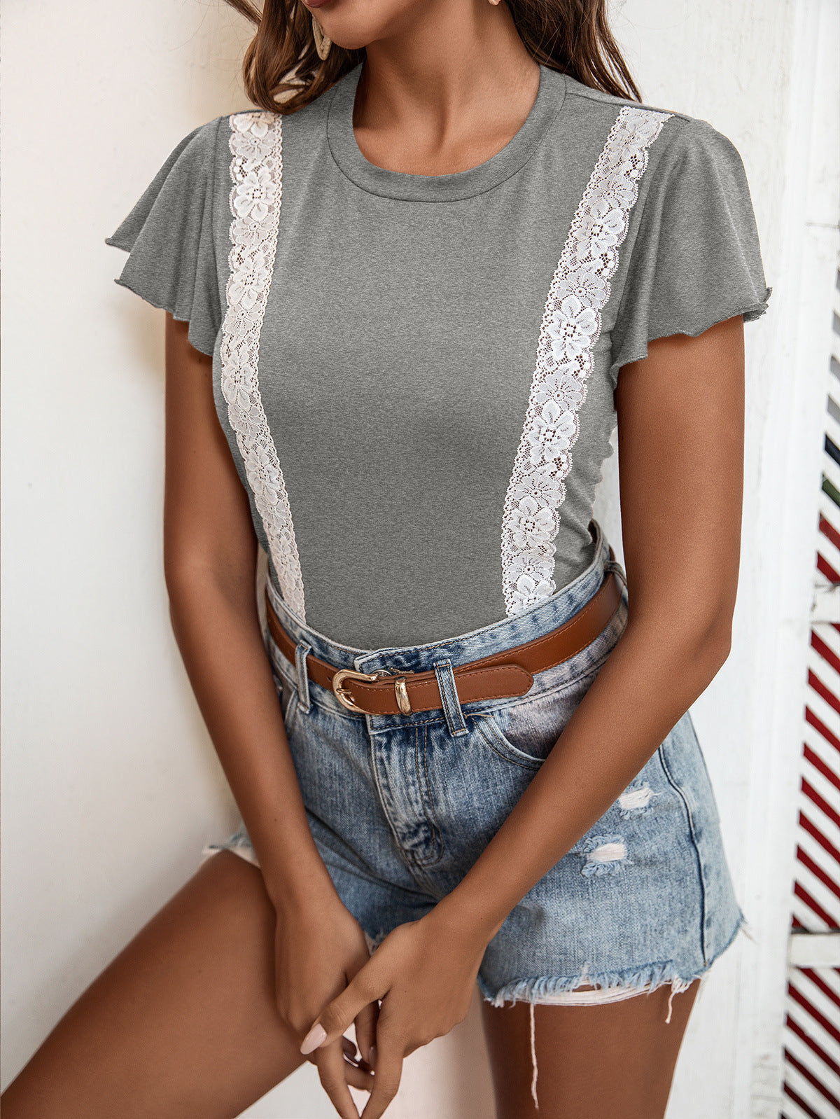 Lace Trim Flutter Sleeve Tee Shirt