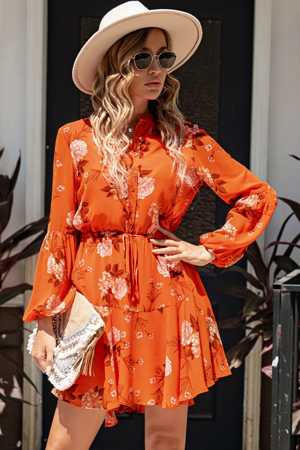 Floral Buttoned Puff Sleeve Tiered Dress