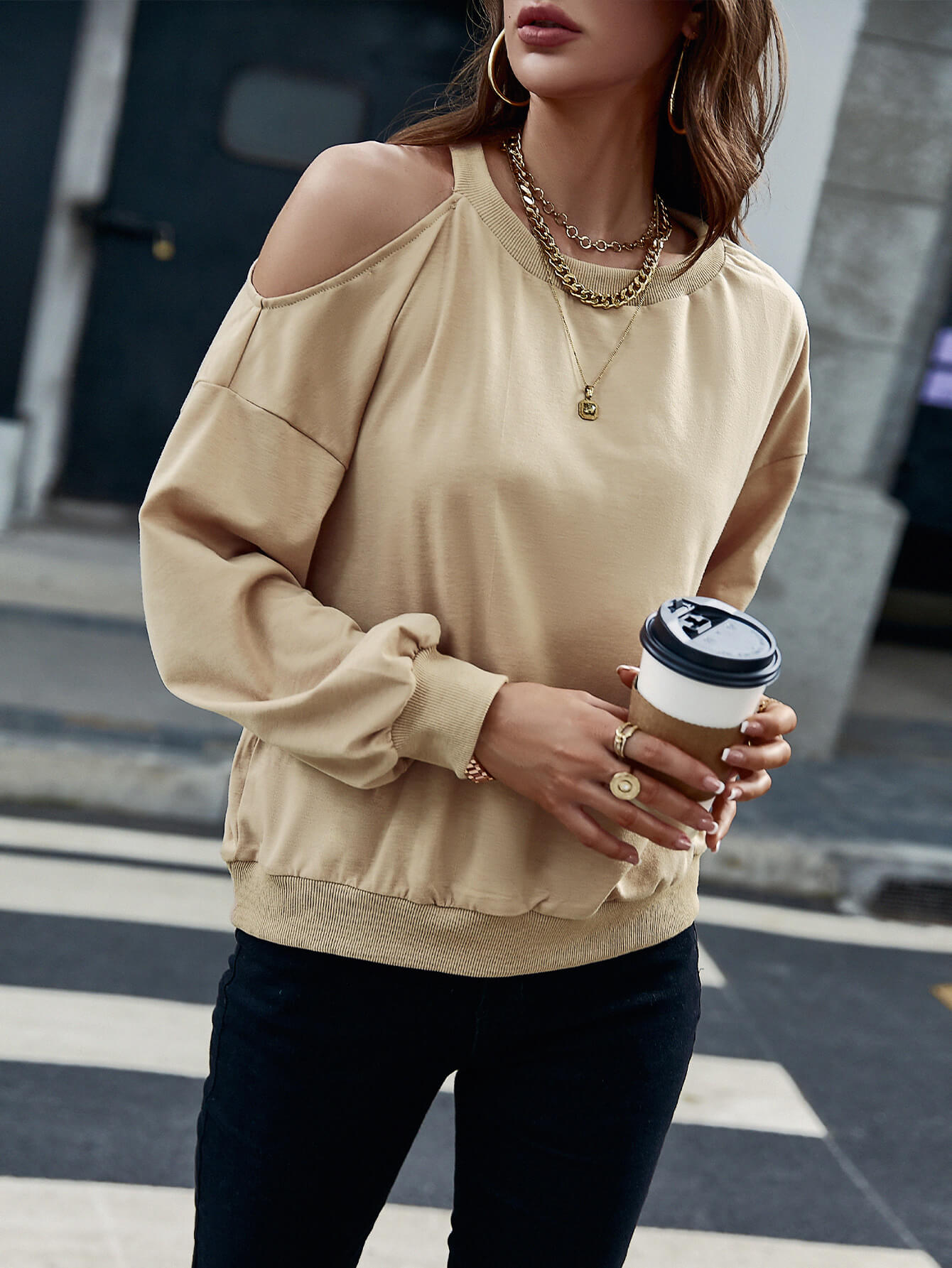 Cold-Shoulder Ribbed Trim Sweatshirt