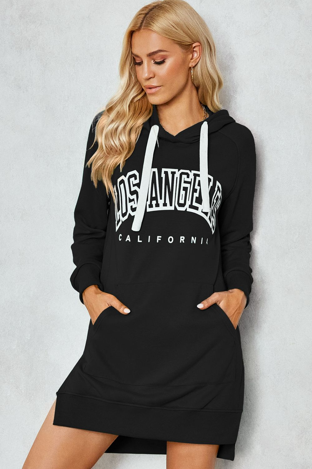 Graphic Raglan Sleeve Slit Hooded Dress