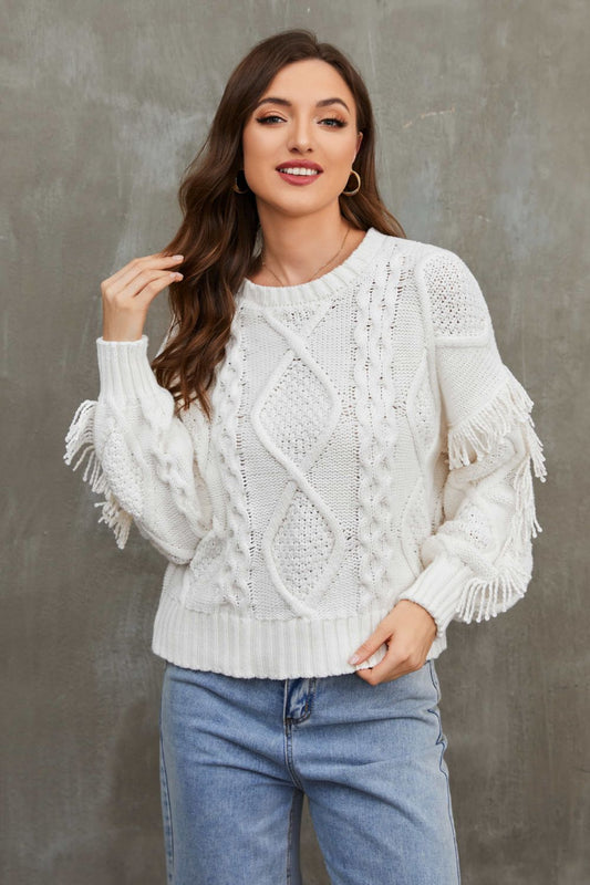 Fringe Trim Mixed Knit Balloon Sleeve Sweater