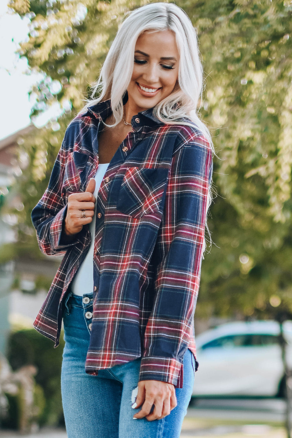 Plaid Long Sleeve Shirt with Breast Pockets