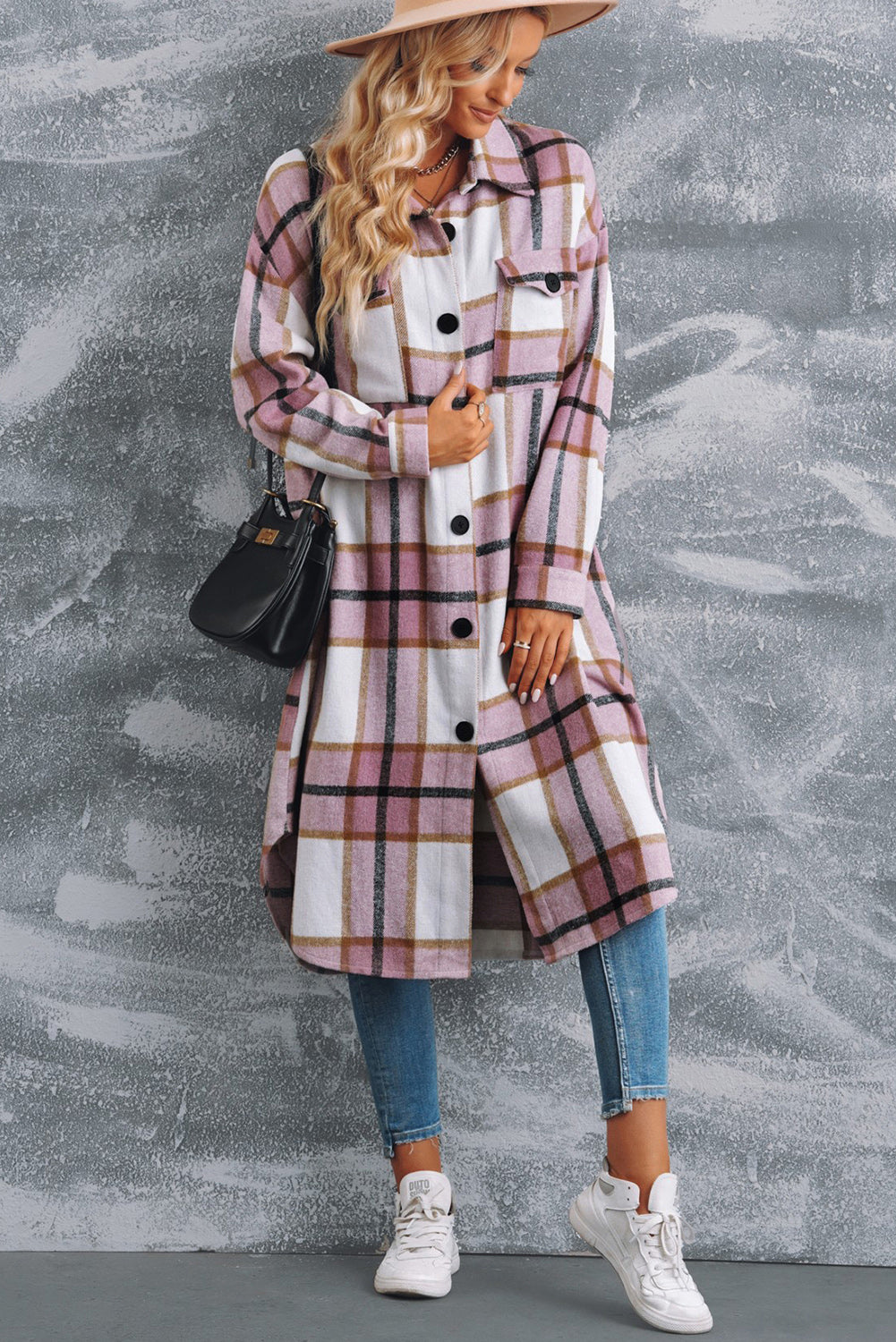 Plaid Button Front Side Slit Duster Coat