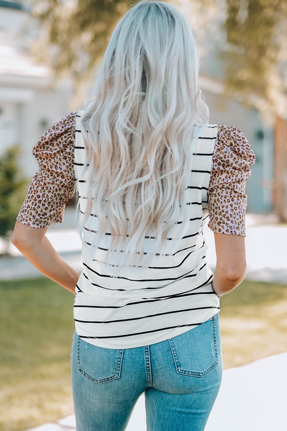 Leopard Ruffle Sleeve Striped T-Shirt