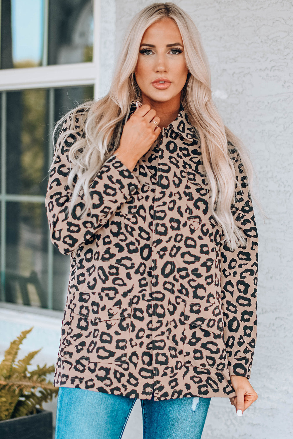 Leopard Drawstring Waist Jacket with Pockets