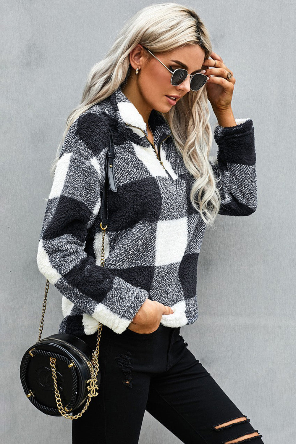 Plaid Zip Collar Plush Pullover Sweatshirt