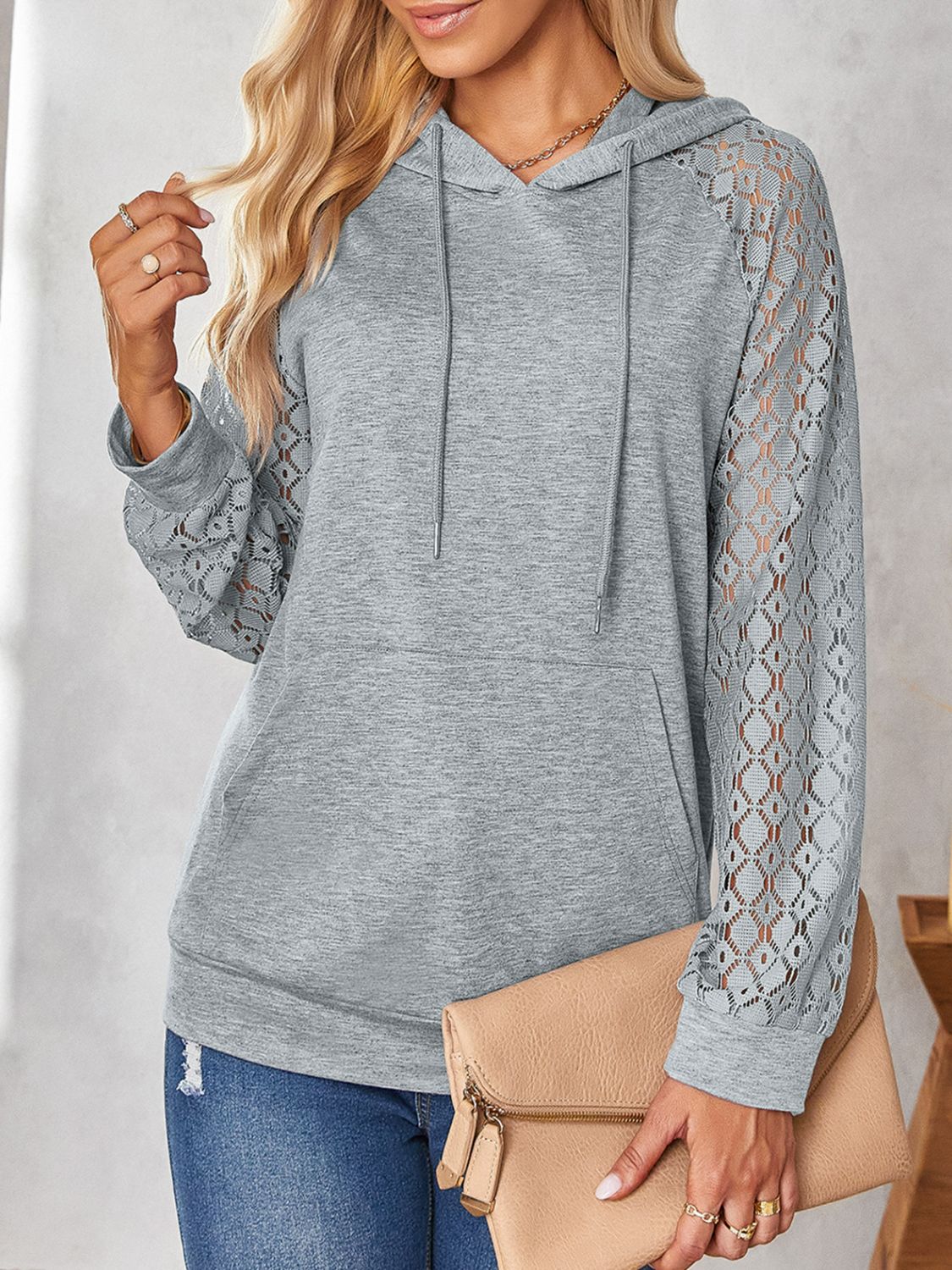 Lace Raglan Sleeve Drawstring Detail Hoodie